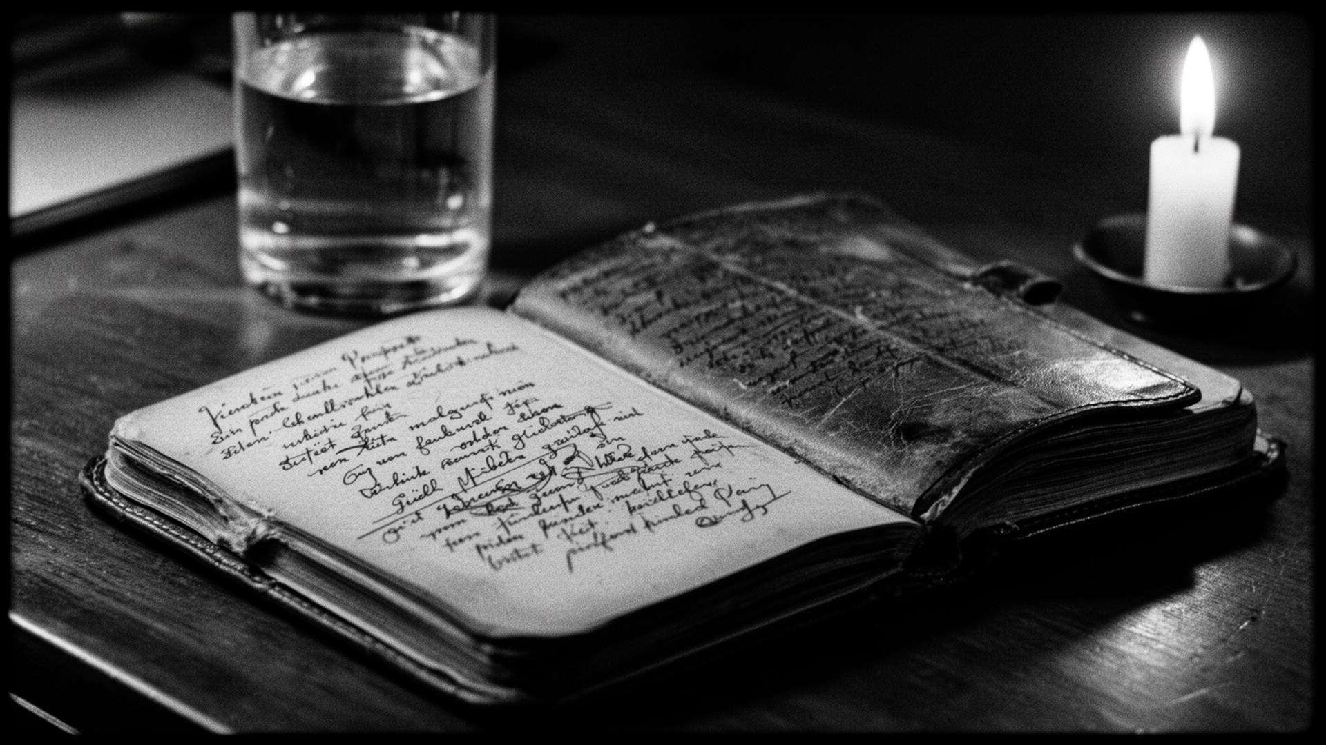 Handwritten notebook lit by a candle