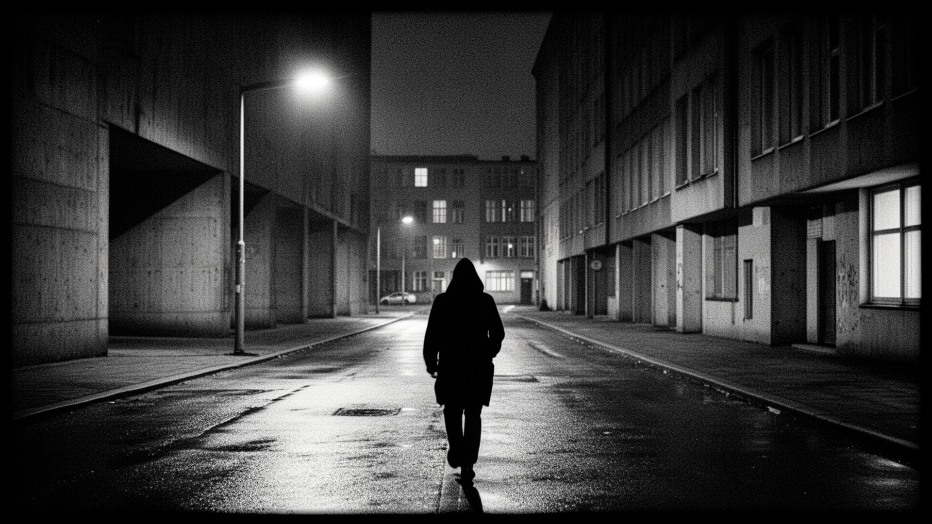 Hooded figure walking a wet street at night